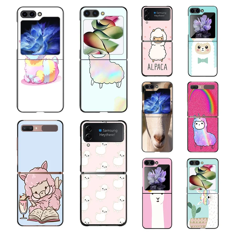 Phone Case For Samsung Z Flip 6 5 4 3 Galaxy ZFlip6 5G Flip5 Flip4 Flip3 Cute Alpaca Llama Black Hard Camera Protective Cove