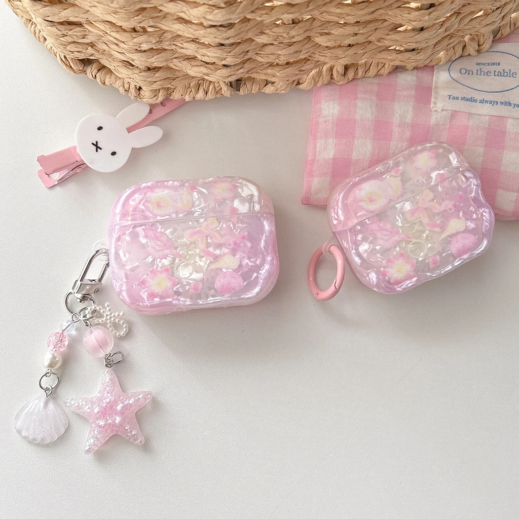 Sweet Pink Flowers Bowknot Shell Texture Wavy Edge With Pendant Protect Earphone Cover Case for AirPods 1 or 2 3 4 5 Pro 2 Pro 3