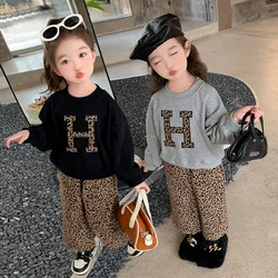 Children Clothing Sets H Letter Long Sleeve Suits Pullover + Wide Leg Pants 2pcs Baby Girls Clothes Kids Leopard Print Outfits