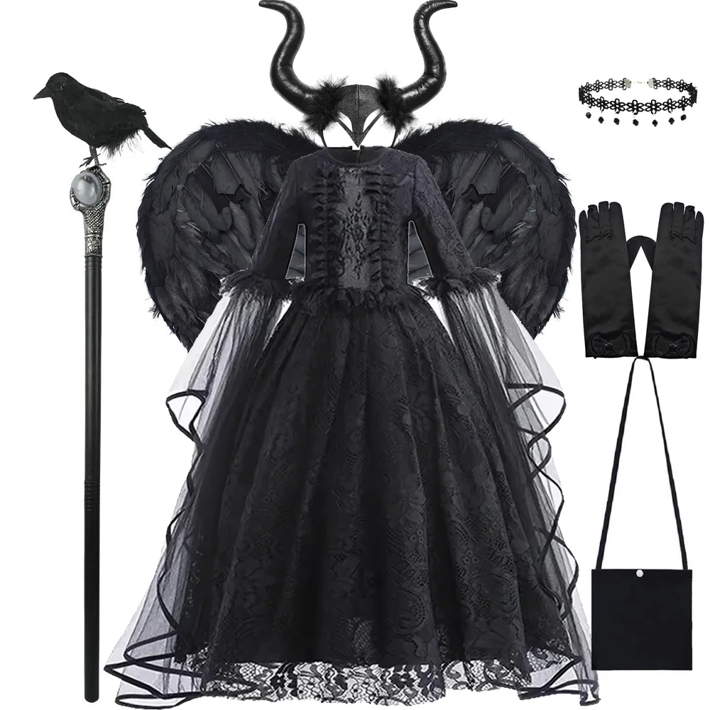Maleficent Costume Kids Girls Halloween Evil Queen Lace Black Dress Deluxe Maleficent Cosplay Apparel Vestidos
