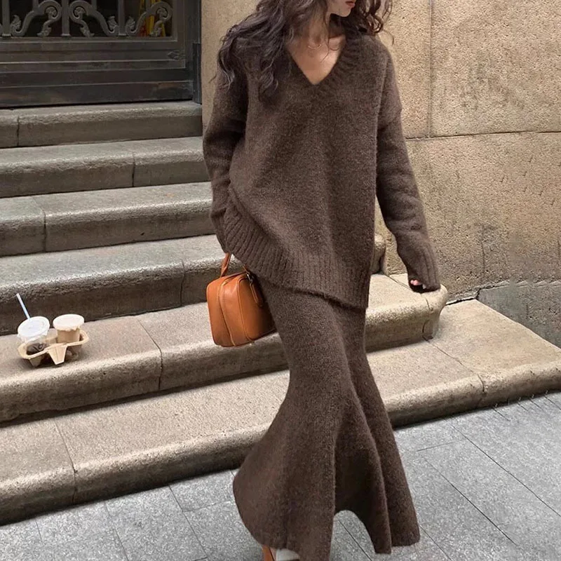 DSMTRC Offic Lady Style Knitted Skirt Suit Women\'s  Autumn Winter V-neck Sweater +Fishtail Skirt High Waist Elegant Matching Set