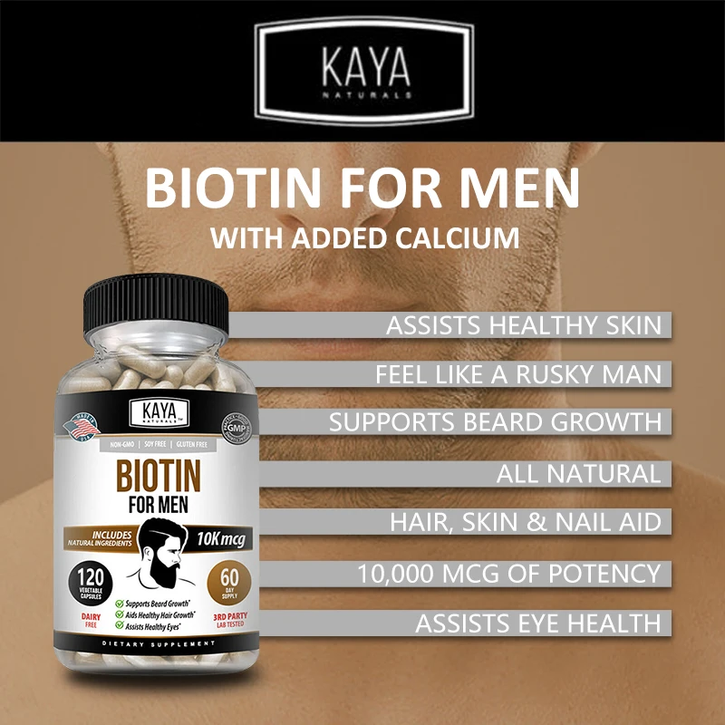 Biotin Capsules for Men – Hair Growth Vitamins – Natural Biotin Supplement for Men’s Beard and Hair Growth, Helps Eye Health