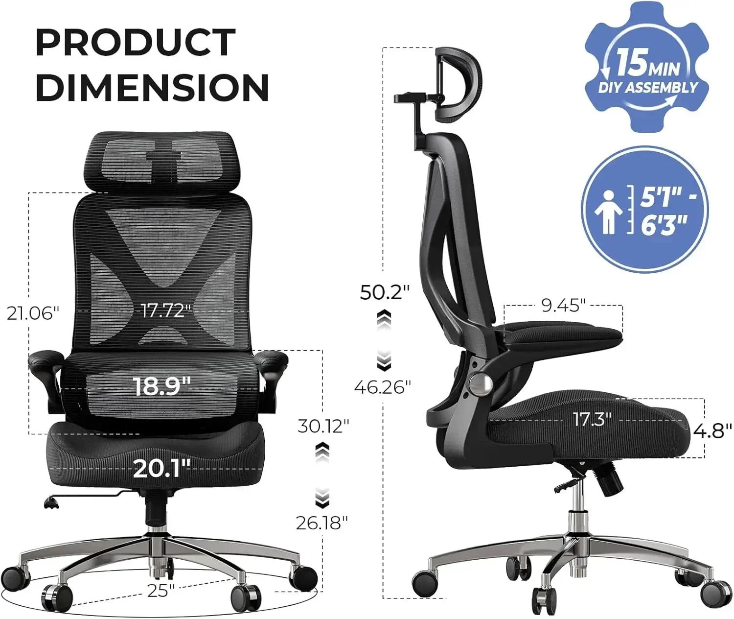 Ergonomic Office Chair with Headrest Lumbar Support Flip Up Armrests Thick Memory Foam Seat 350lbs Capacity Adjustable Height fo
