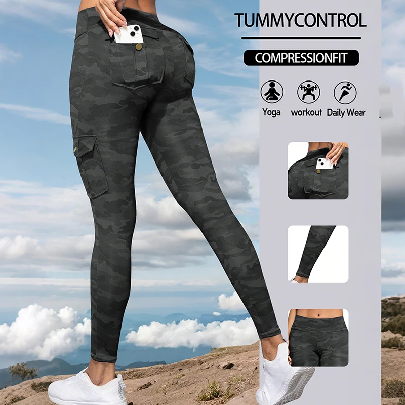 Camouflage Printed Women Leggings with Utility Pockets High Waisted Hip Lifting Tummy Tuck Outdoor Leggings Slim Sports Bottoms