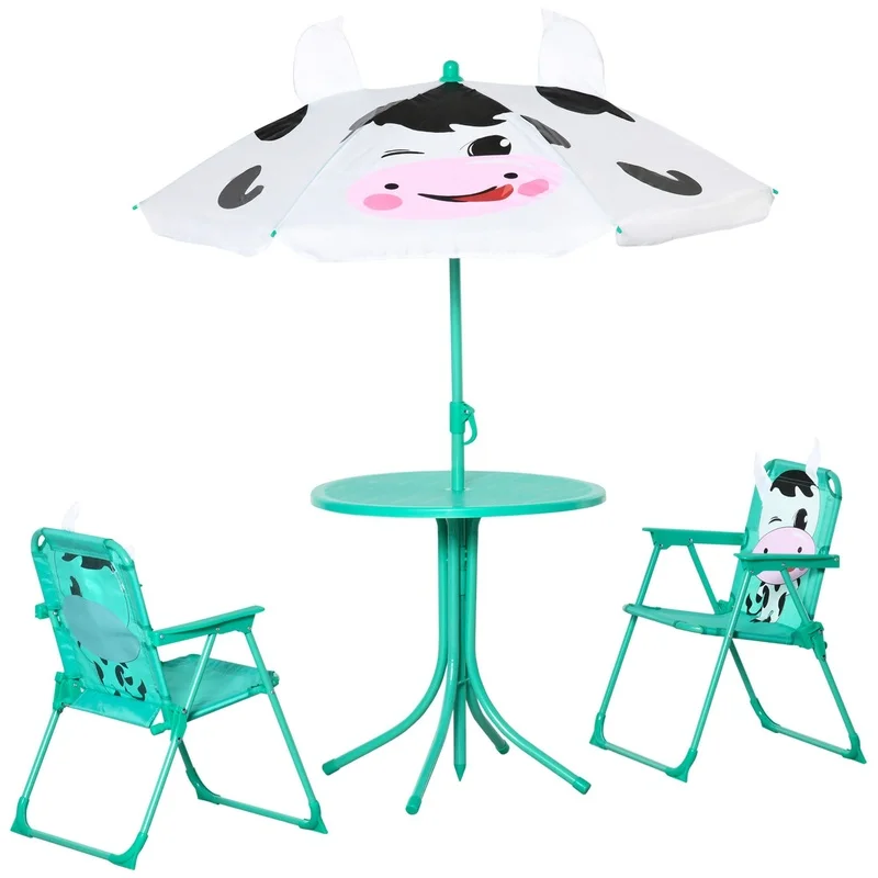 Outdoor Folding Kids Table and Chair Set with Dairy Cow Design, Adjustable Height Sun Umbrella, White, Ages 3-6
