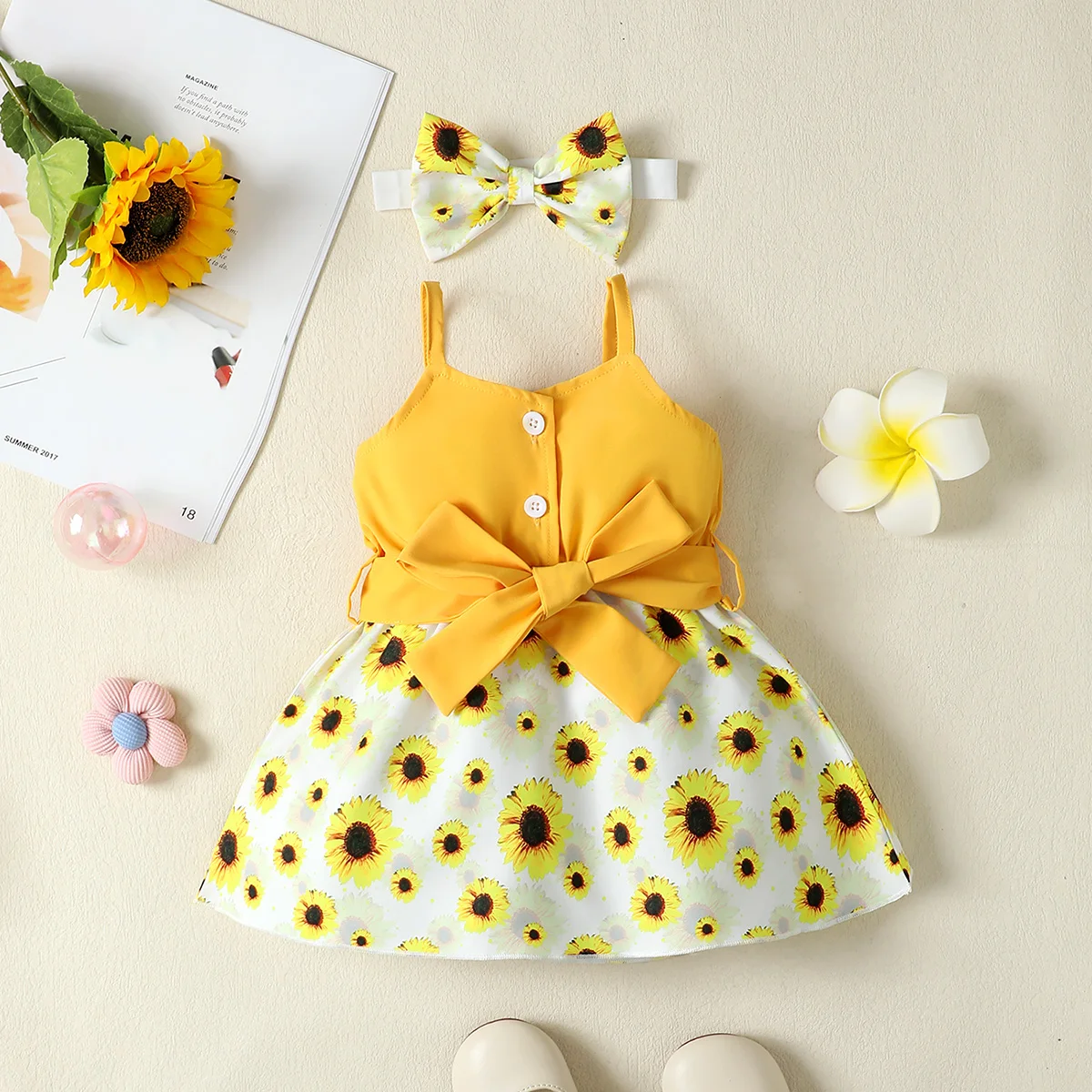 Summer Dress for Kids 0-24 Months Style Fashion Belt Sunflower Print Dress Princess Formal Splicing of Straps  Dresses