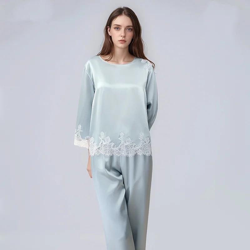 BirdTree,OEKO-TEX, 19MM 100%  Silk Pajamas Set,Women's Solid Full Sleeve O-neck Lace Homewear Clothes,2025 New P5D931JF