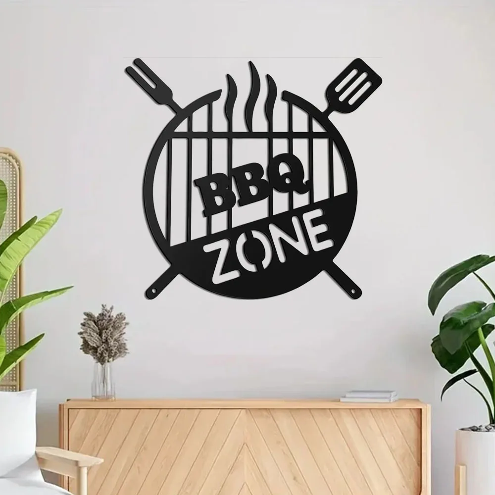 Black Retro BBQ Zone Wall Hanging Sign, Metal Round Grill Decor for Outdoor Backyard Kitchen, Iron Art Decoration Gift