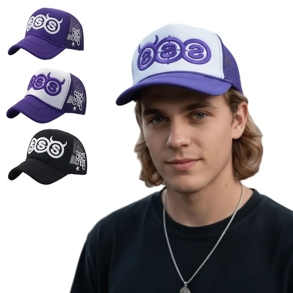 Devil Horn Design SSS Devil Horn Cap Embroidery Style Adjustable Back Embroidery Hip-Hop Cap Mesh Panels Peaked Baseball Cap