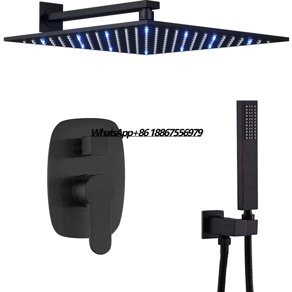 

Matte Black Square Rainfall Shower System Luxury Brass Wall Mounted Bathroom Set Thermostatic Faucets Jet Spray Temperature