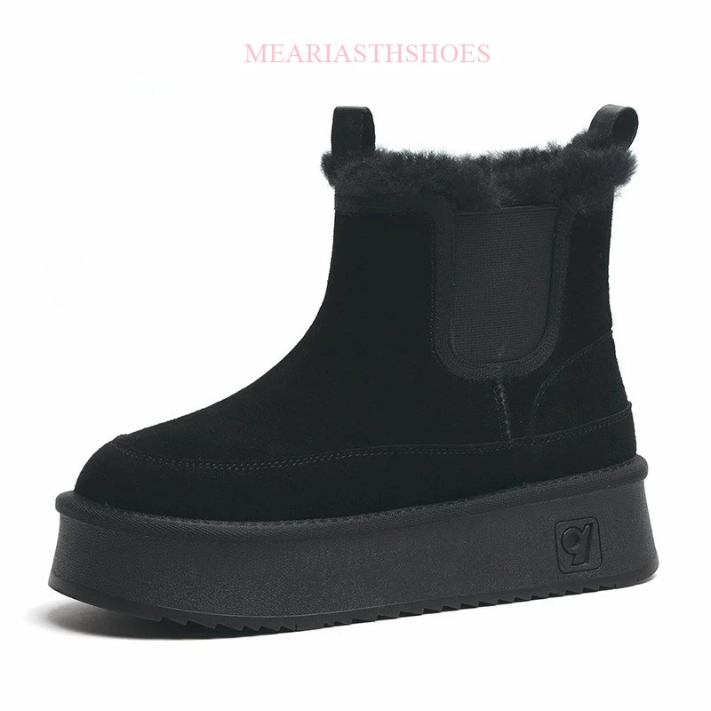 2026 Winter New Leather Thick Sole Chelsea Snow Boots Women's Fashion All-in-one Thick Fleece Warm Snow Cotton Shoes