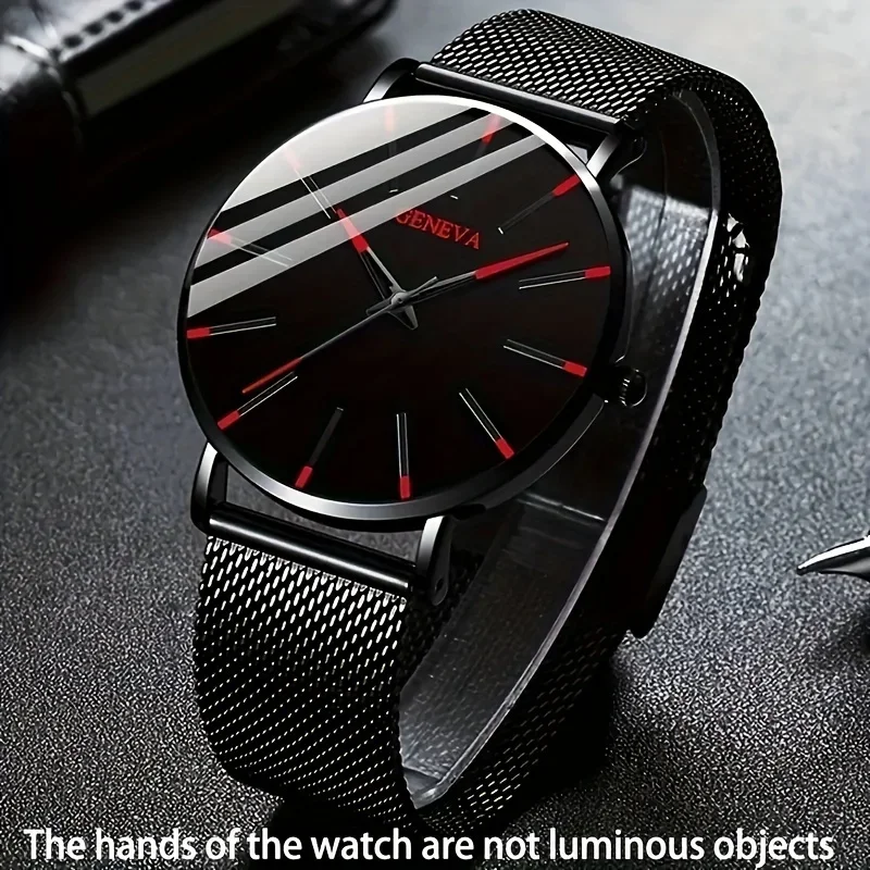 1pc Minimalist Men's Fashion Ultra-thin Stainless Steel Mesh Band Quartz Watch & 1pc Bracelet