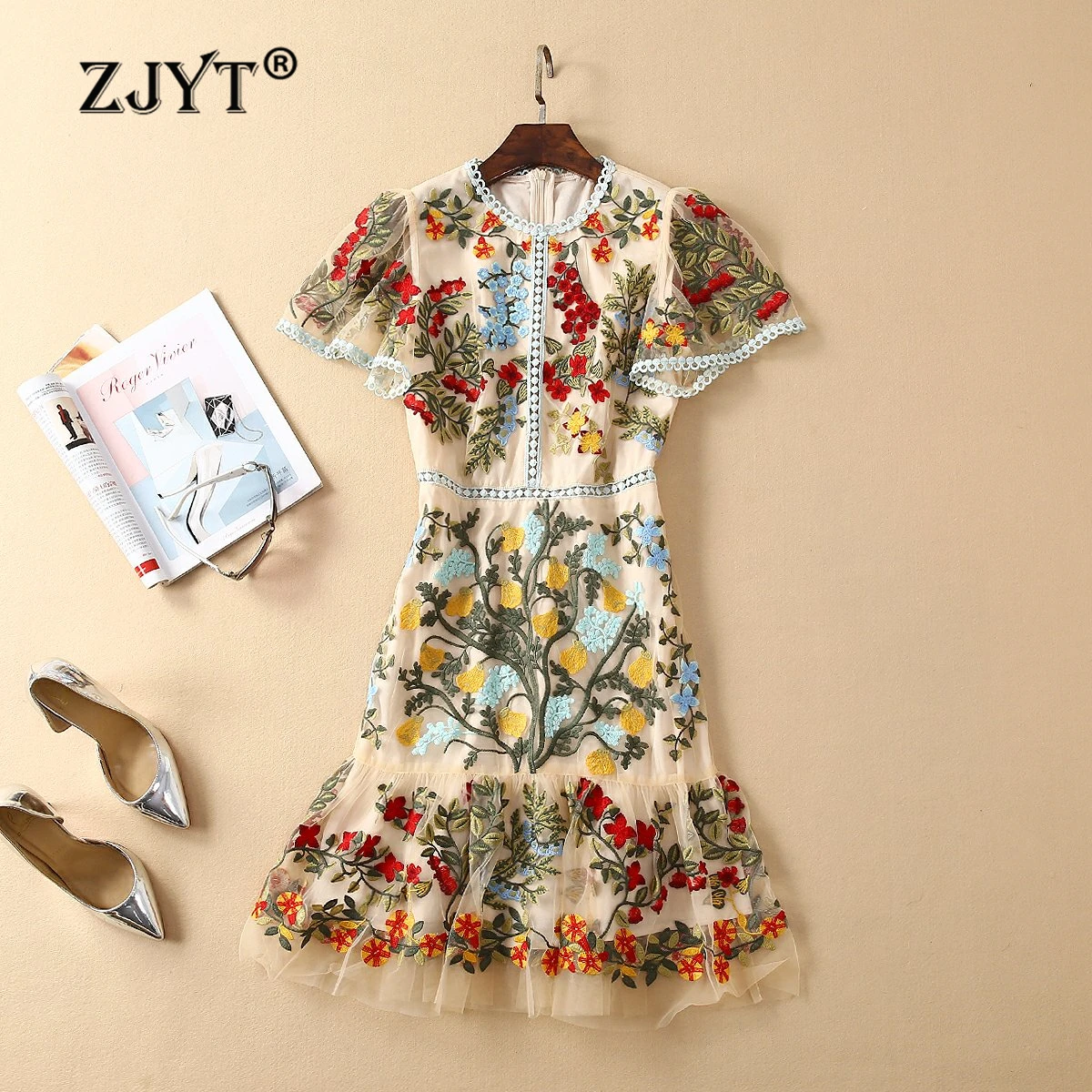 

ZJYT Elegant Floral Embroidery Mesh Dresses for Women 2024 Summer Luxury Evening Gown Party Dress Short Sleeved Vintage Vestido