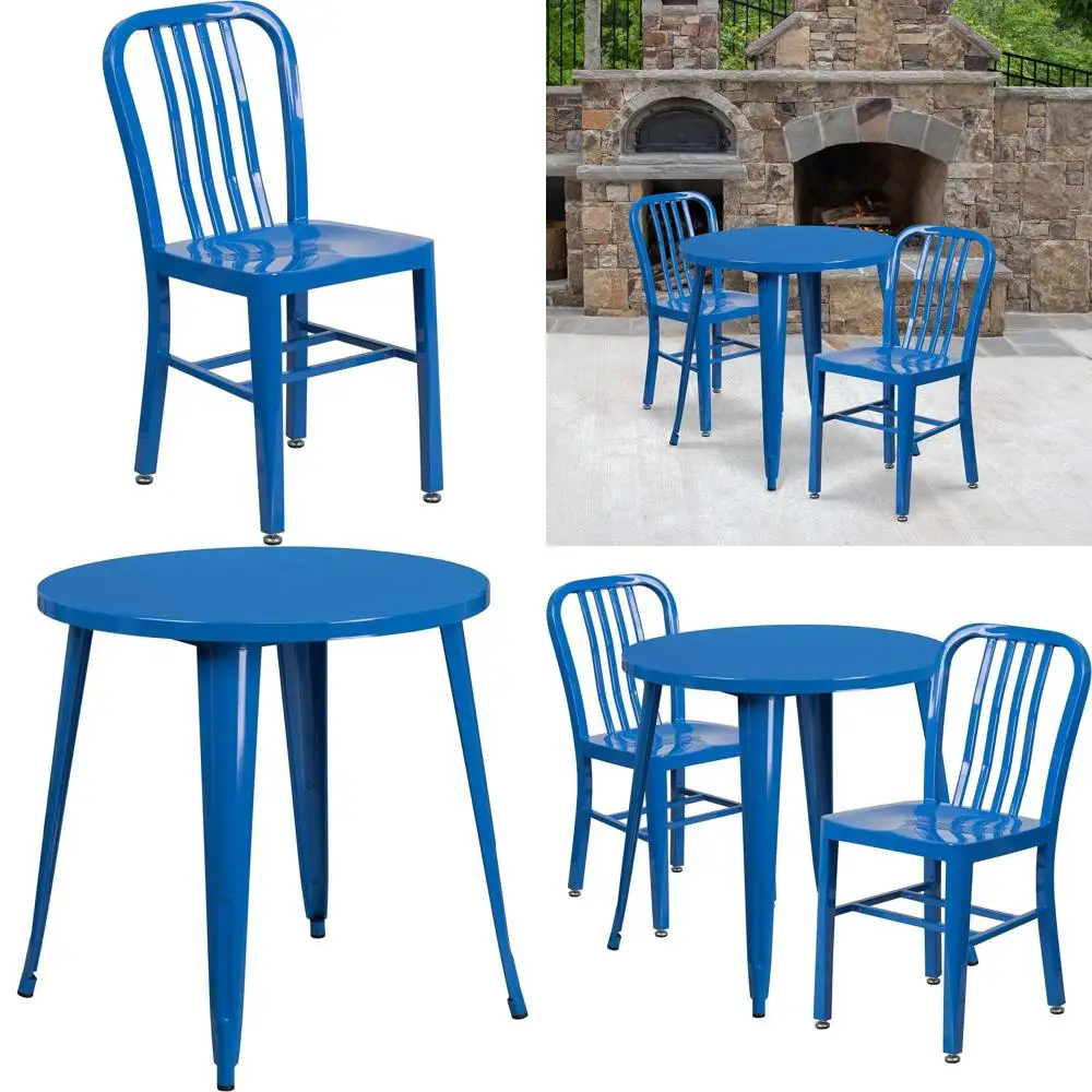 

Комплект для улицы и дома Craig Commercial Grade: круглый металлический стол диаметром 30 дюймов синего цвета и 2 стула с решетчатой спинкой Veal Slat Back