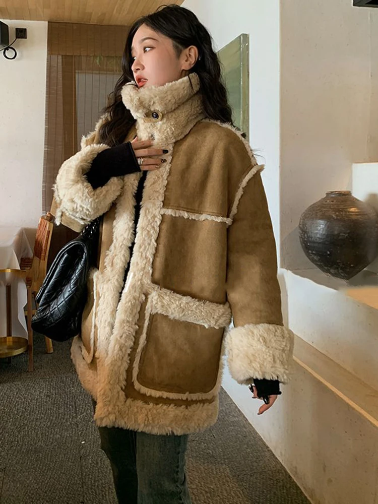 Autumn/Winter New Suede Jacket  Lamb Fur Integrated Coat Women\'s Thickened Sheepskin Fashion Loose Parka Coat Women Outerwear