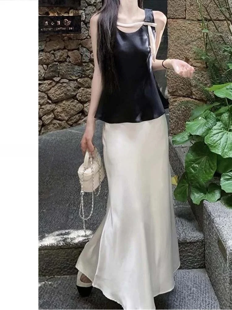 

Extended Size 75 Women's Ele Drapey Wrap Skirt Summer New Sle Versatile White Silk f-length Skirts Korean Sle Hig...