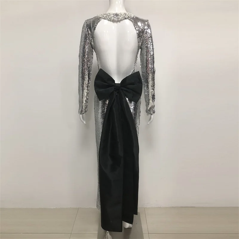 لامعة الفضة الترتر اللؤلؤ فستان الحفلة الراقصة مثير الجوف كامل الأكمام طويلة القوس الزفاف الرسمي مساء رداء مأدبة فستان زفاف