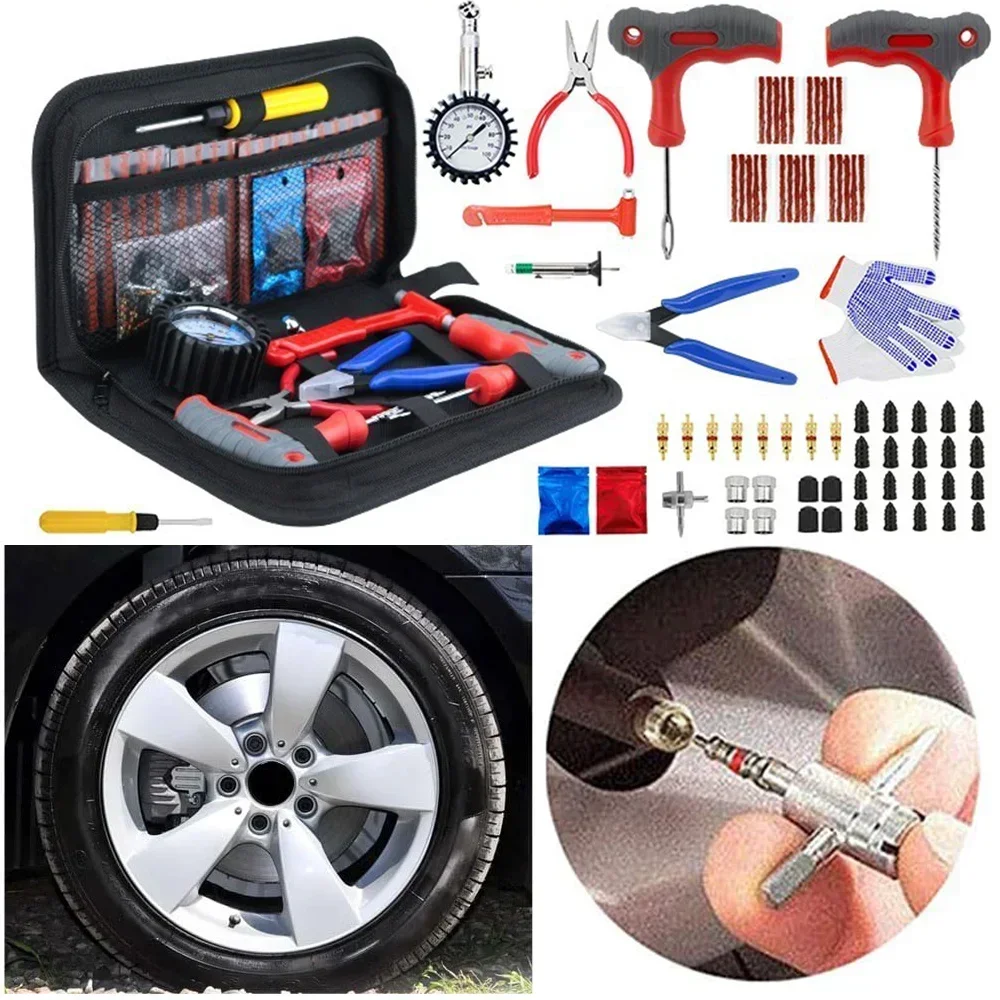 Kit di riparazione pneumatici per auto/moto/scooter elettrici, composto da 73 pezzi, per interventi di emergenza: set di strumenti per la riparazione e la vulcanizzazione di pneumatici, con