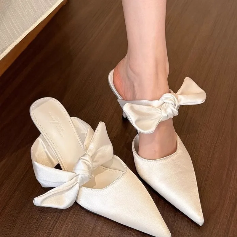 

Silk Pointed Bow Thin High-heeled Shoes for Women Spring and Summer 2025 Casual and Fashion Slippers Ladies Designer Sandals