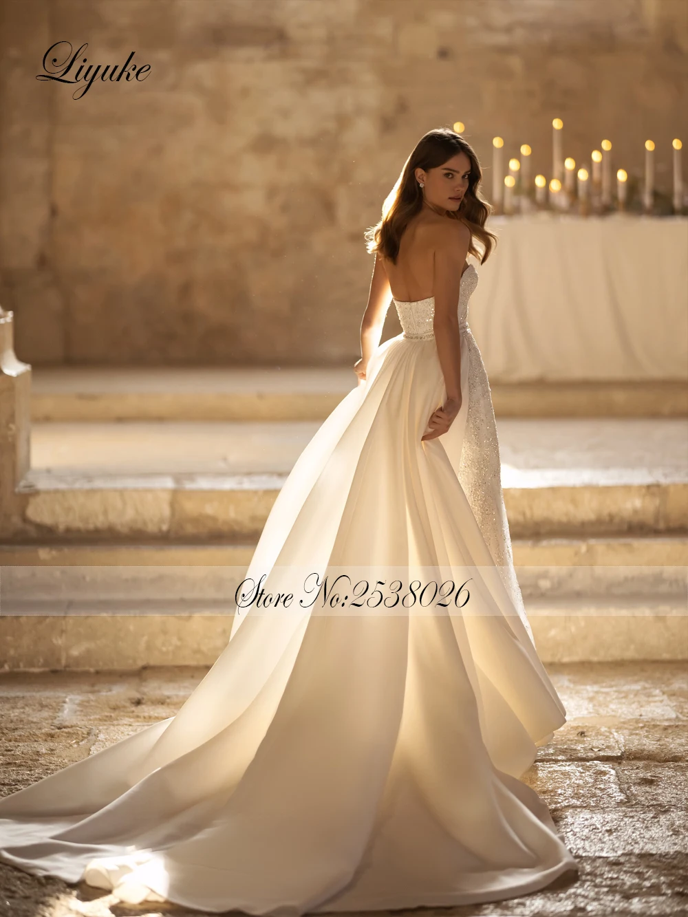 Liyuke vestidos de novia de sirena fascinantes, lentejuelas brillantes, encaje intrincado, abalorios, pliegues fruncidos, 2 en 1, vestidos de novia