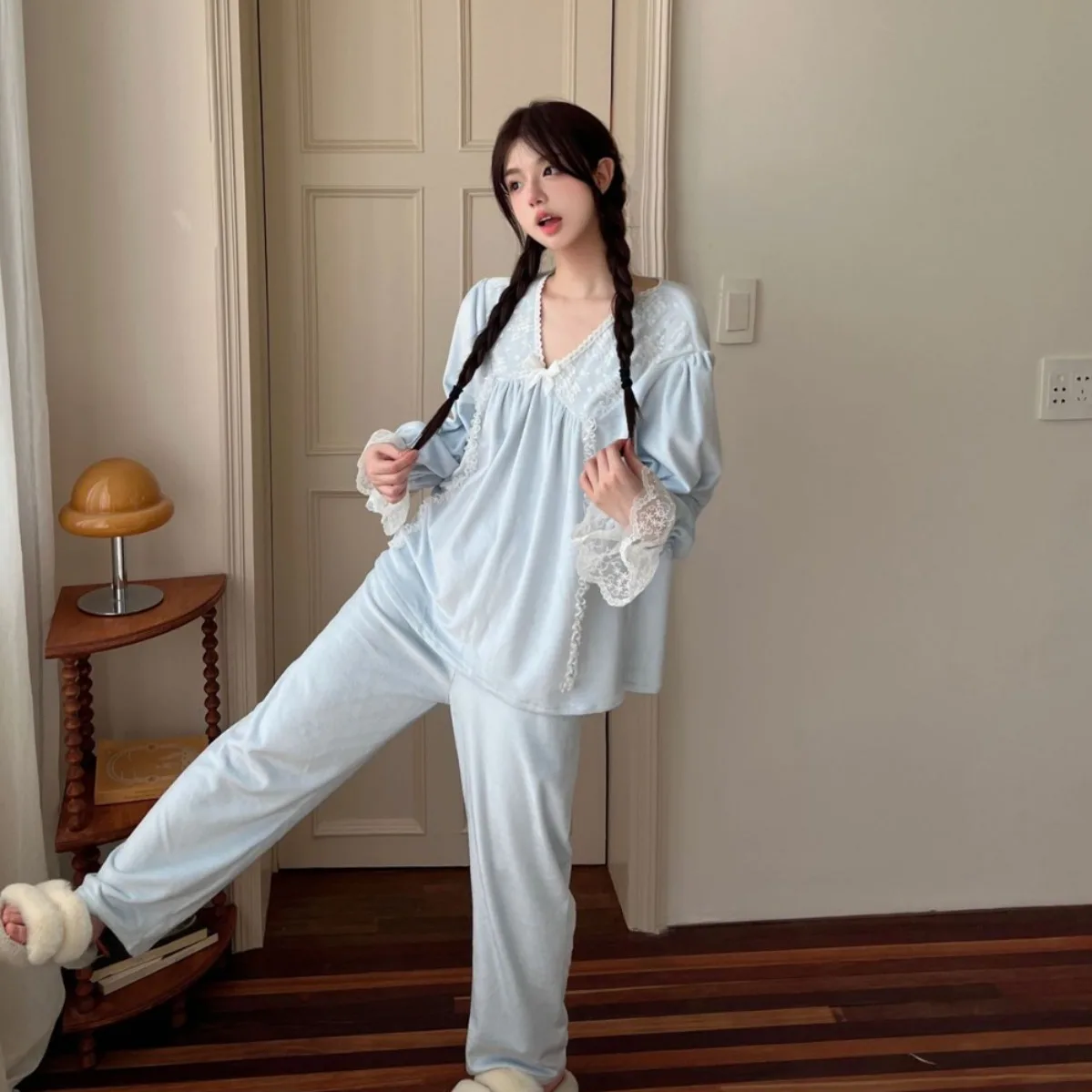 Female Blue Flannel Pajamas Set Coral Fleece Trouser Suit Sleepwear Winter Warm Nightwear Lounge Wear Loose Homewear