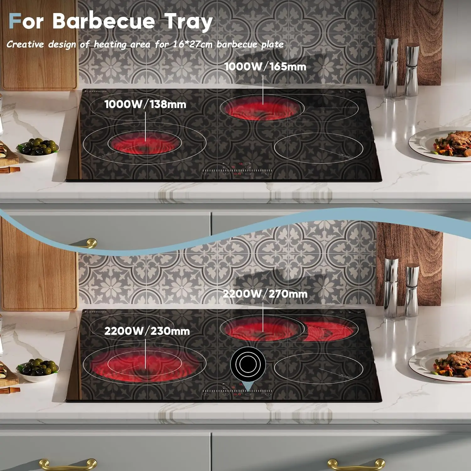 مسطح سيراميك كارينير 4 مناطق 60 سم مدمج، منطقة بيضاوية قابلة للتوسيع، تحكم منزلق، قفل أمان، مؤقت، بدون قابس، سلكي صلب #3