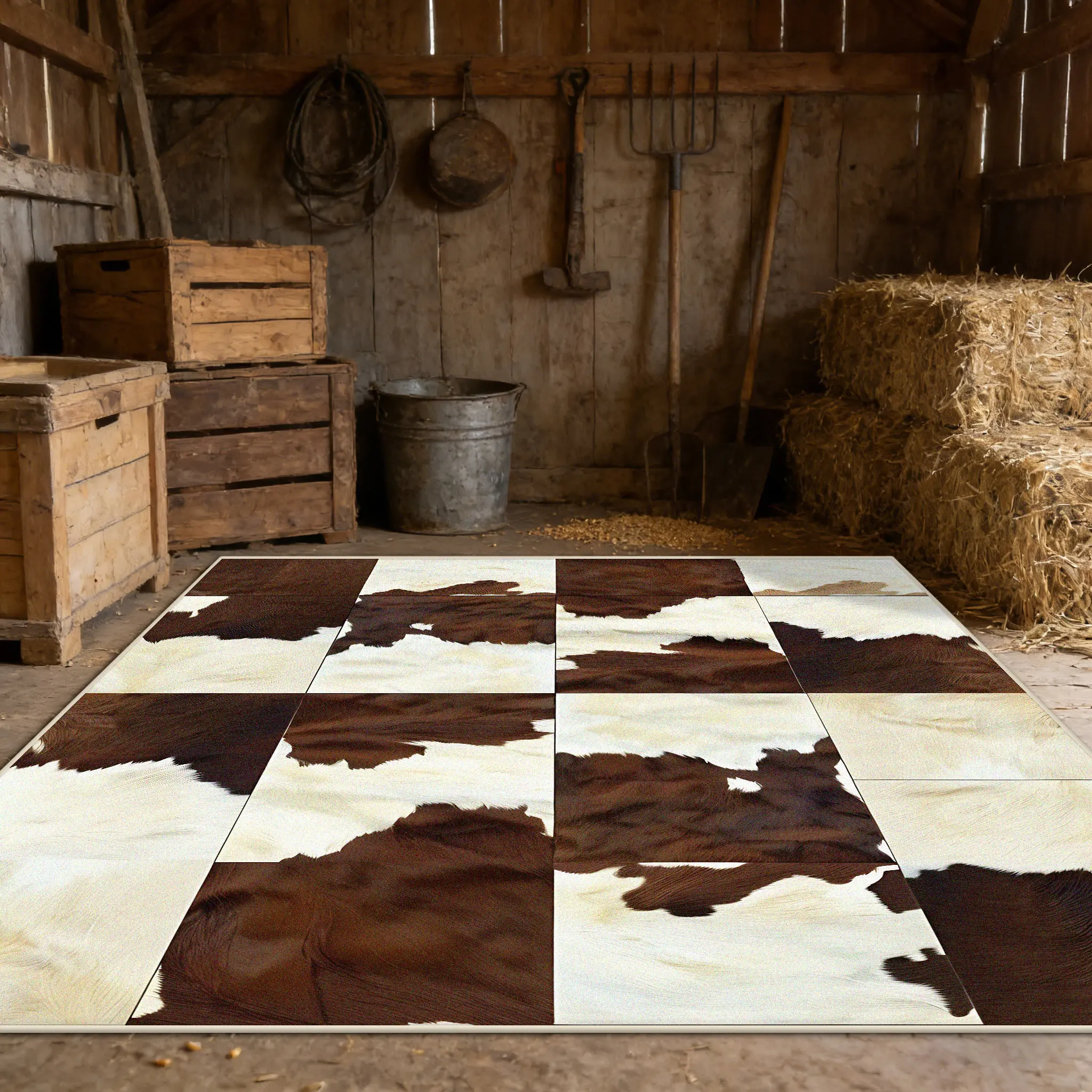Retro Cow Pattern Splicing Light Colored Warehouse Carpet Abstract Decor Living Room Washable Rug Workshop Non-slip Floor Mat