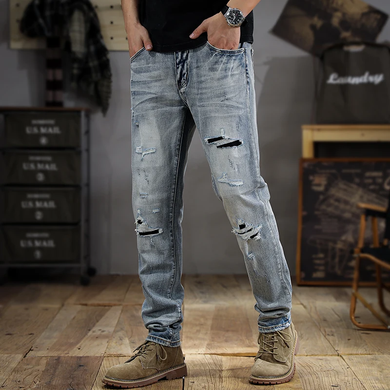 Jeans rasgado lavado masculino, marca de moda verão, coreano, high-end, fino, reto, retrô, angustiado, apertado, branco