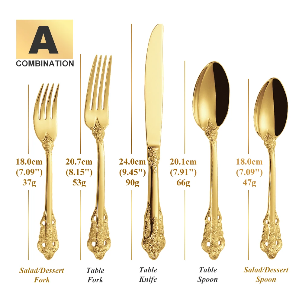 30-Pieces Royal Vintage Gold Plated Stainless Steel Cutlery Colorful Spoon Fork Knife Set Black Rose Gold Flatware Service For 6