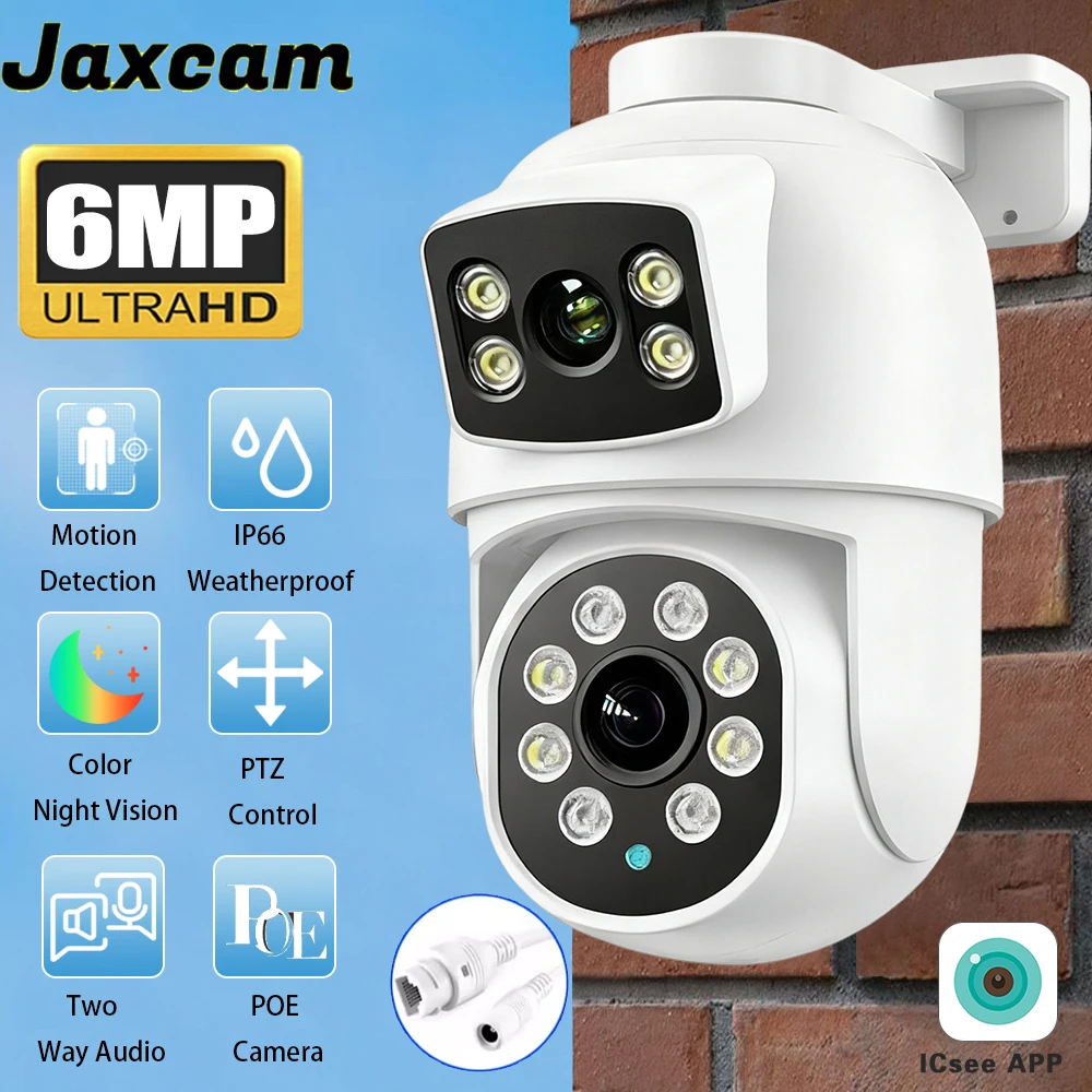 6MP Dual Lens PTZ POE IP Outdoor Camera CCTV Security Two-Way Audio Color Night Video Human Detection Surveillance Xmeye