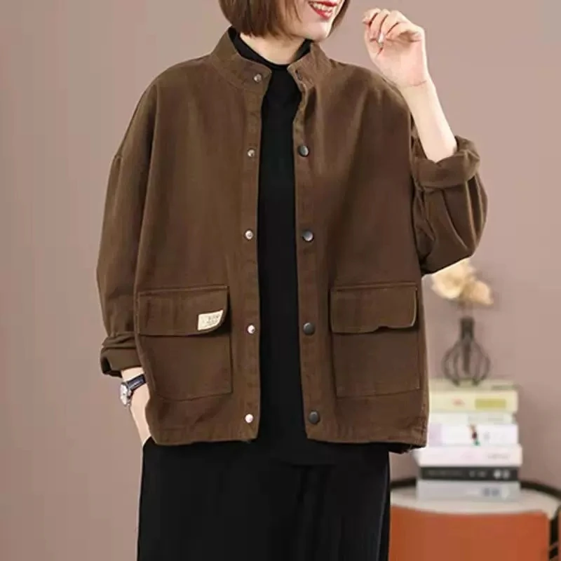 

Korean Loose Stand Collar Loose Cardigan Coat Autumn Winter Female Windbreaker Outwear Large Size Women Casual Cotton Jacket