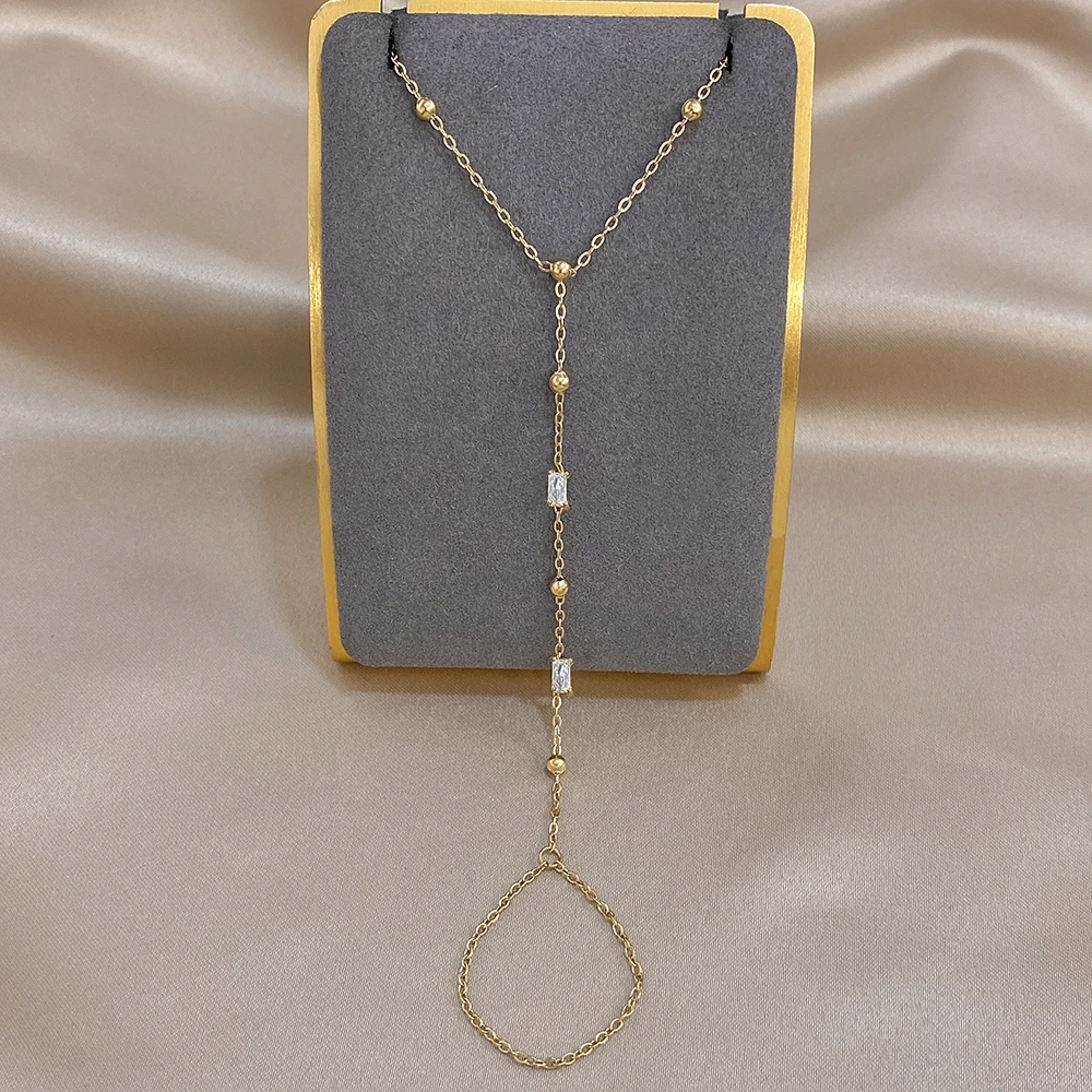 Fashion Square Zircon Beads Bracelet for Women Gold Color Stainless Steel Link Connected Finger Ring Bracelets Hand Jewelry