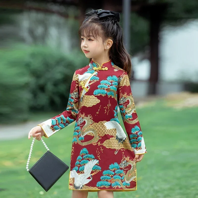 

Girls Long Sleeve Cheongsam Skirt Children's Dress 2022 Autumn New Girl Burgundy Chinese Style Retro Literary Hanfu