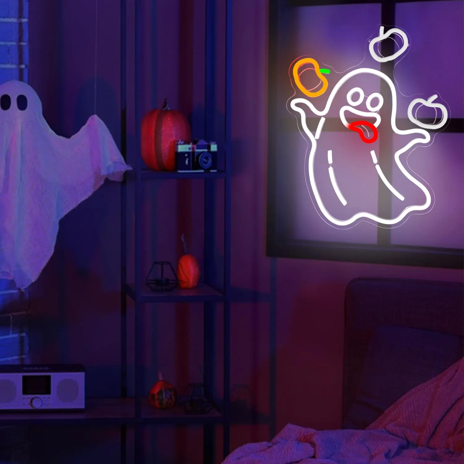 Halloween Neon Sign LED Ghost Light Up Wall Decor for Horror Party Bar Game Room Window Decorations