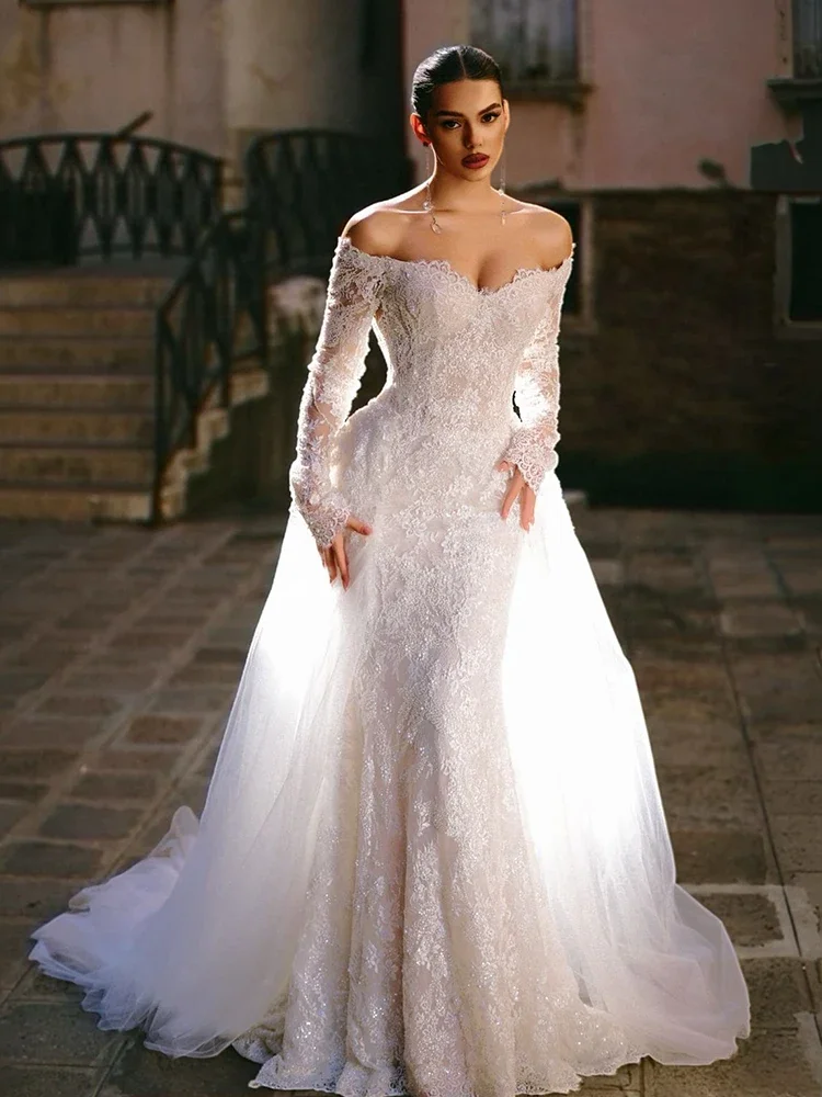 Anmutiges Brautkleid mit abnehmbarer Schleppe aus Organza mit Stickerei, Meerjungfrau-Ballkleid, U-Boot-Ausschnitt, volle Ärmel, maßgeschneidert, Vestido De Novia