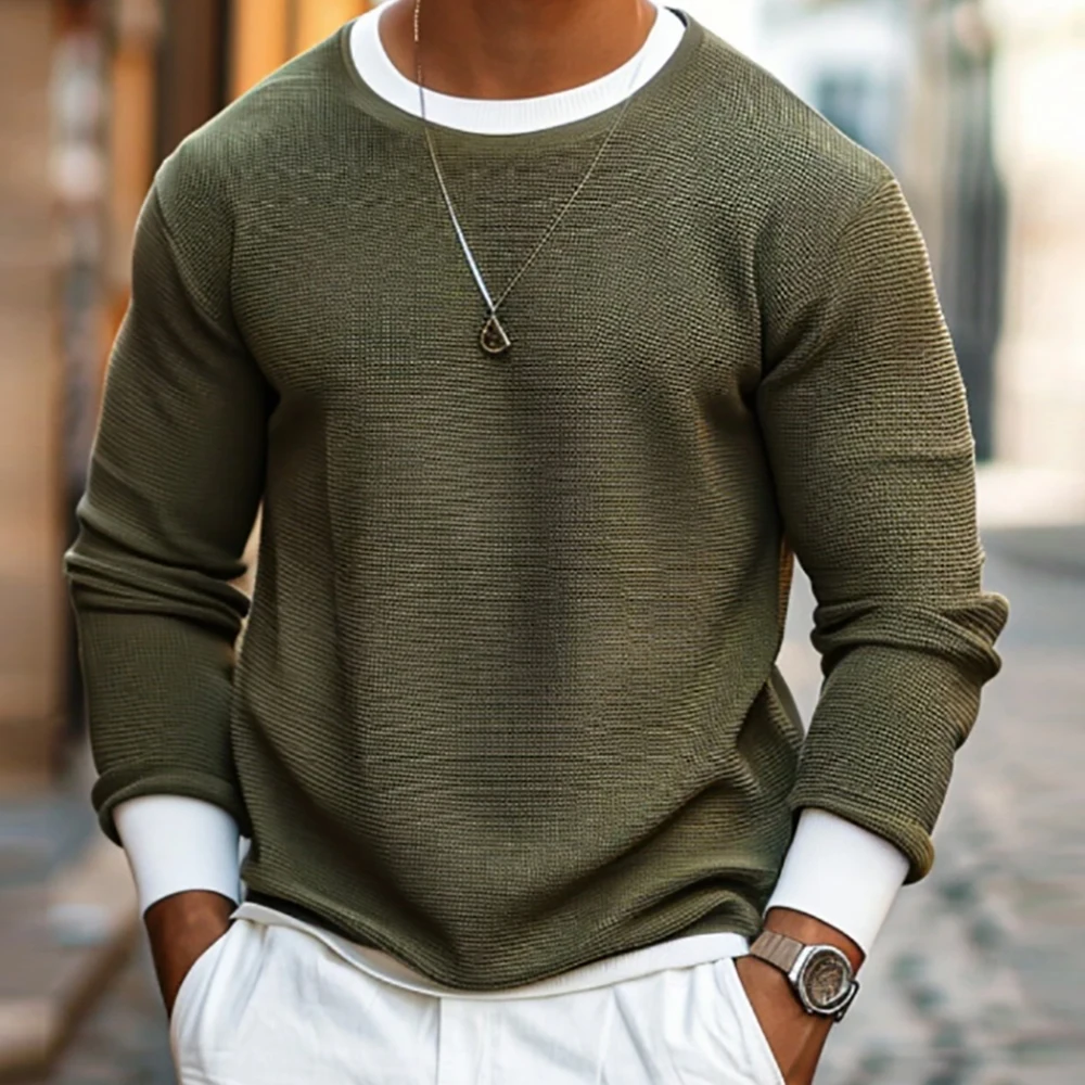 

Men's Fake Two Pieces Waffle Sweatshirt Crew Neck Long Sleeve Contrast Trim Casual Pullover Tops Autumn Winter Fashion Pullovers