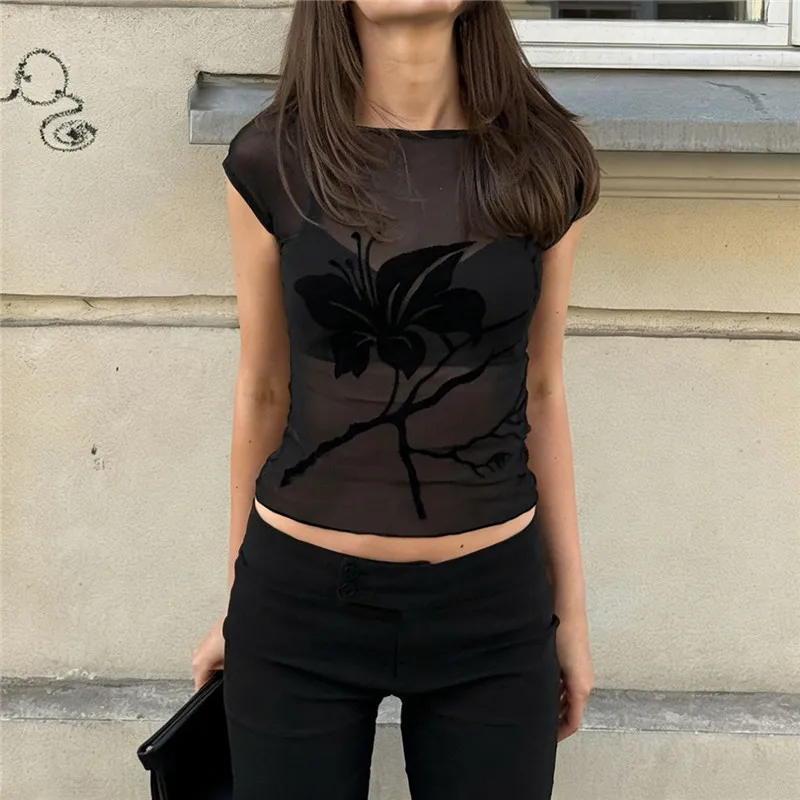 2026 New Vintage Dark Mesh See Through Short Sleeve O-neck T-shirts Sexy Clubwear Women Mall Gothic Flocking Print Slim Tee Tops