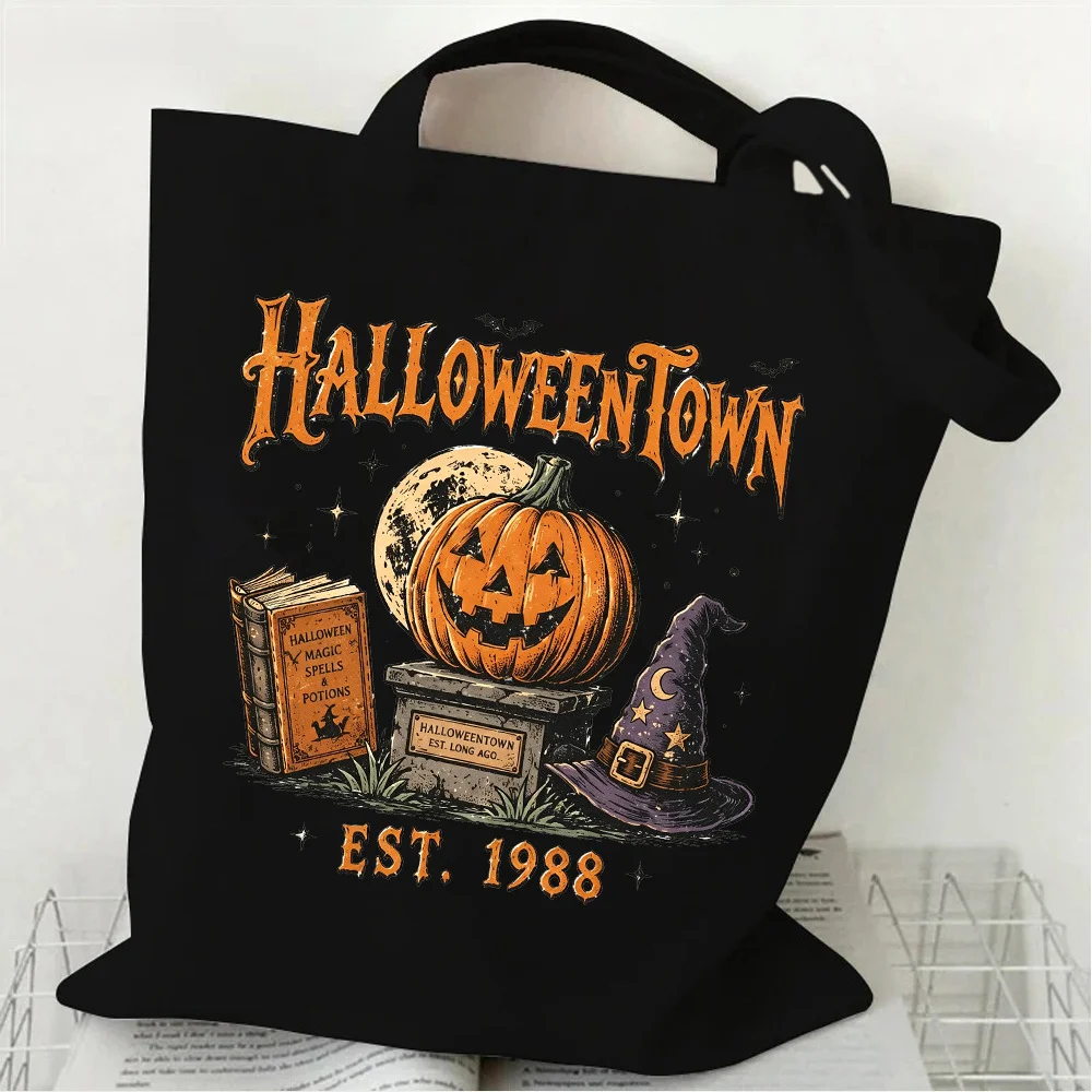 Retro Halloween Town Canvas Tote Bag Pumpkin Witch Magic Book Moon Bat Print Large Capacity Women Men Teen Shopping Shoulder Bag
