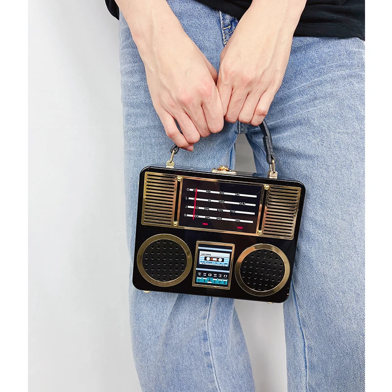 Borsa a tracolla a forma di scatola da donna con pochette a forma di Radio in acrilico Vintage e borsa a tracolla