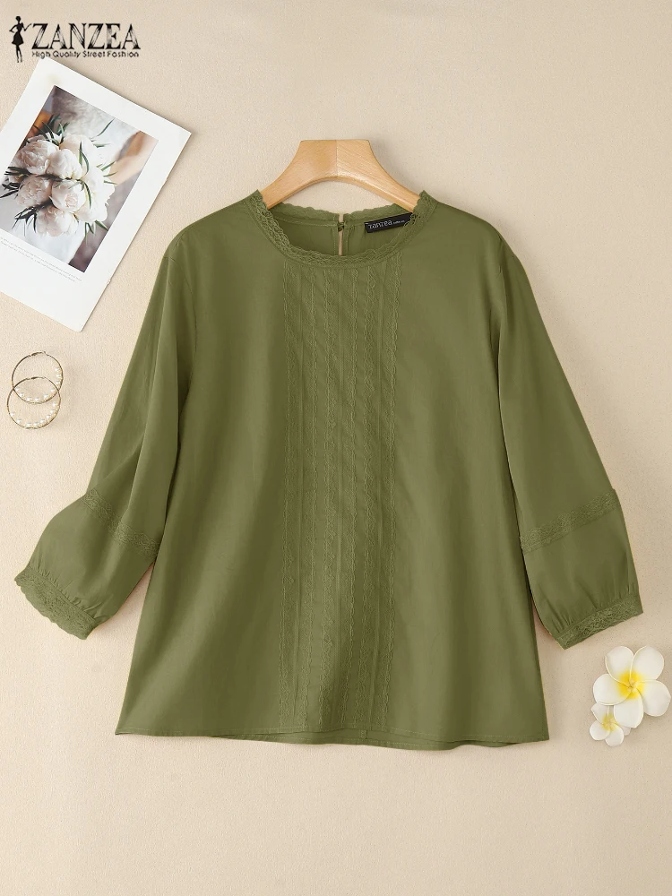 

2025 ZANZEA Summer Lace Trim Shirt Women Blouse Casual O Neck 3/4 Sleeve Blusas Mujer Female Elegant OL Work Tops Tunic Oversize