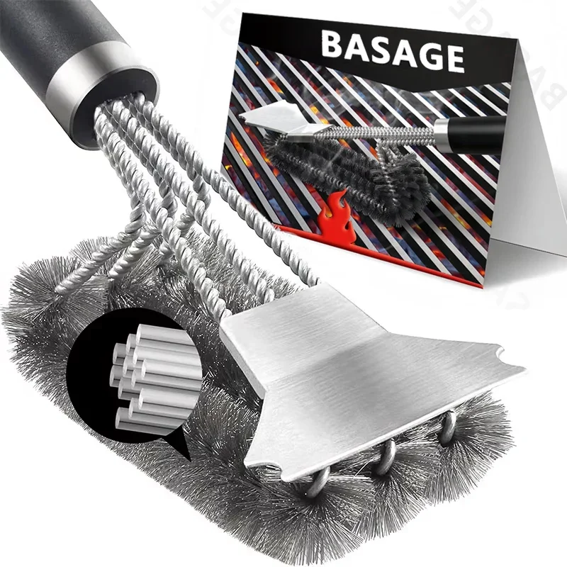 Cepillo y raspador para parrilla seguro antiadherente 2 en 1: cerdas de acero inoxidable no danan las rejillas, mango de agarre cómodo de lujo