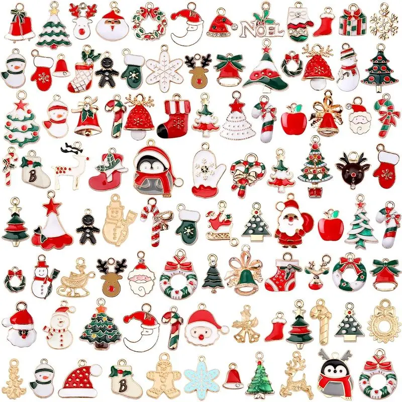 50Pcs Gold Plated Enamel Christmas Charms Pendants, Mixed Xmas Theme Jewelry Making Charms, DIY Handmade Accessory Supplies
