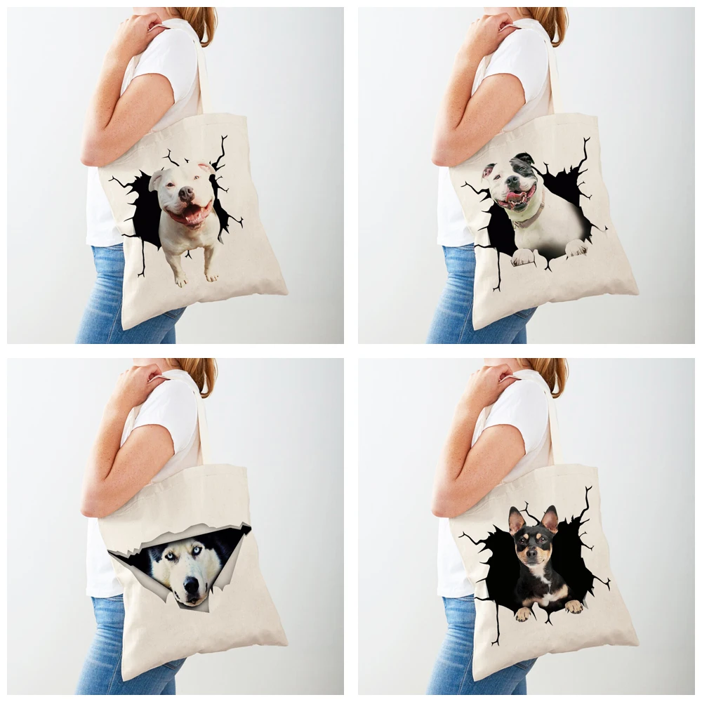 3D รูปแบบสุนัขการ์ตูนผู้หญิงกระเป๋านักช้อป Lady Canvas Tote กระเป๋าถือแบบใช้ซ้ําได้คู่ด้านข้างสัตว์เลี้ยงสัตว์พิมพ์ Casual Shopping Bag