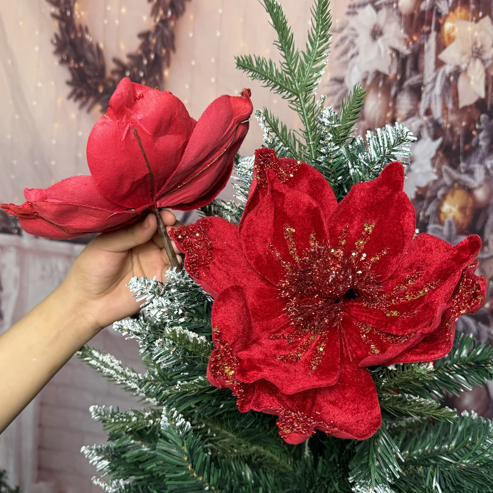 1/10 قطعة بريق اصطناعي زهور عيد الميلاد البونسيتة الحمراء شجرة عيد الميلاد معلقة حلية بريق ماغنوليا ورد صناعي حفل زفاف #5