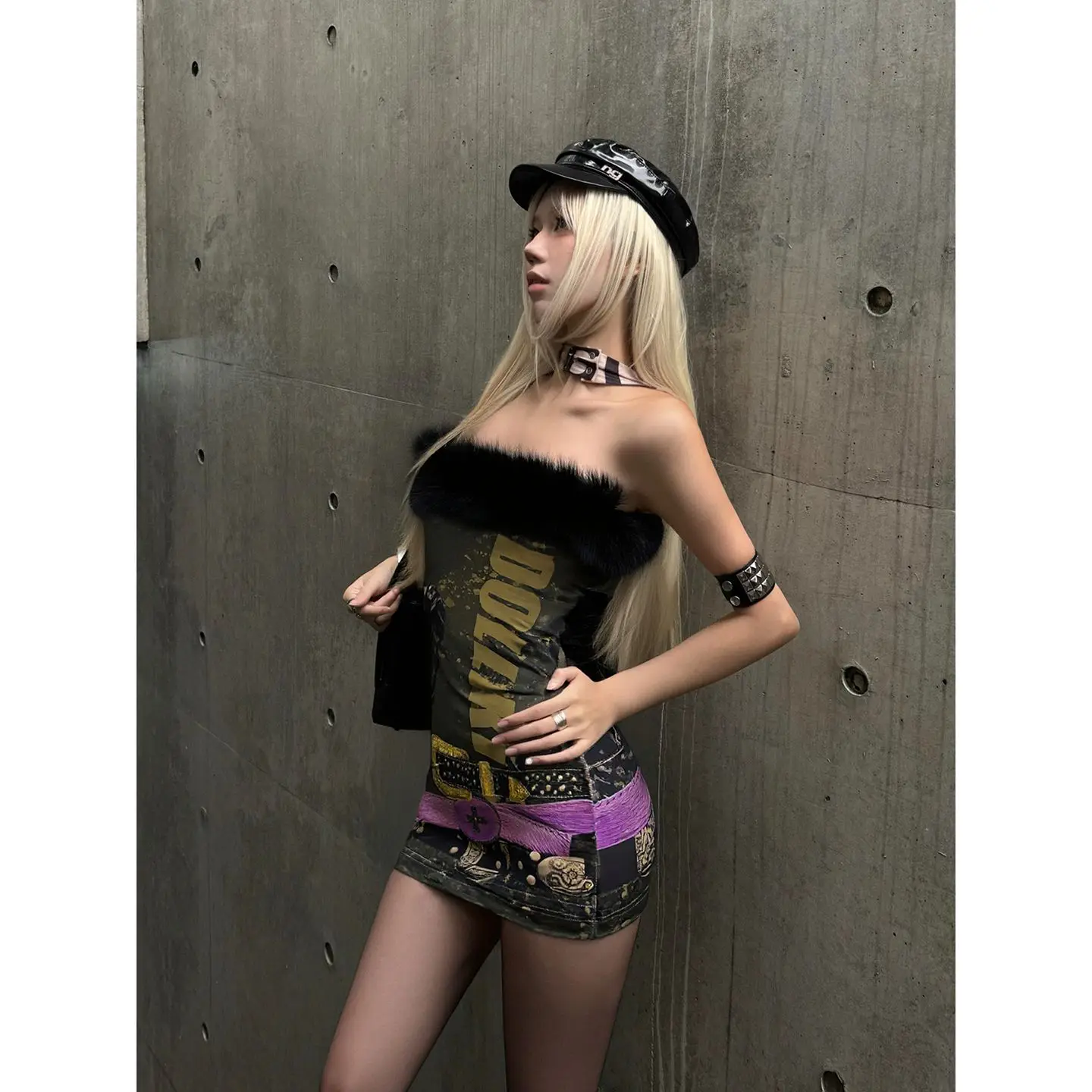 

Goth Y2K Clothes 2000s Sexy Bodycon Mini Dress Summer Print Grunge Streetwear Aesthetic Women Vintage Dress Fur Off-the-shoulder