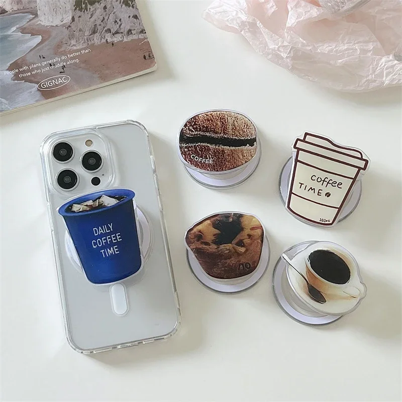 

Korean Cute Coffee for Magsafe Magnetic Phone Griptok Grip Tok Stand for IPhone 15 Foldable Wireless Charging Case Holder Ring