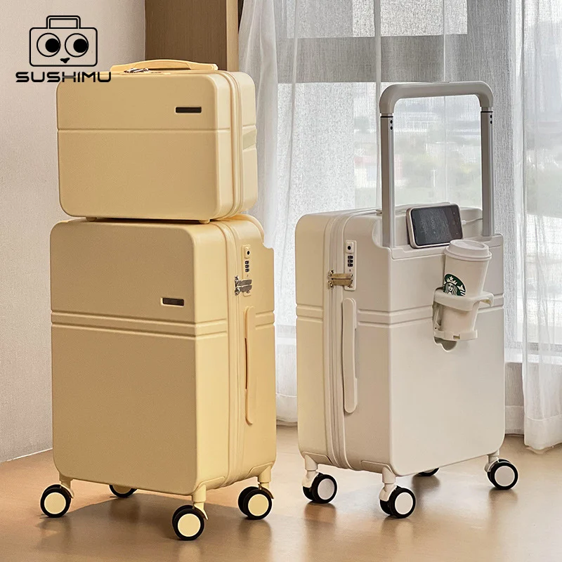 sushimu Suitcase Travel Suitcase Men 20 24 26 Carry-On Luggage Women PC Aluminum Frame Trolley Case TSA password lock