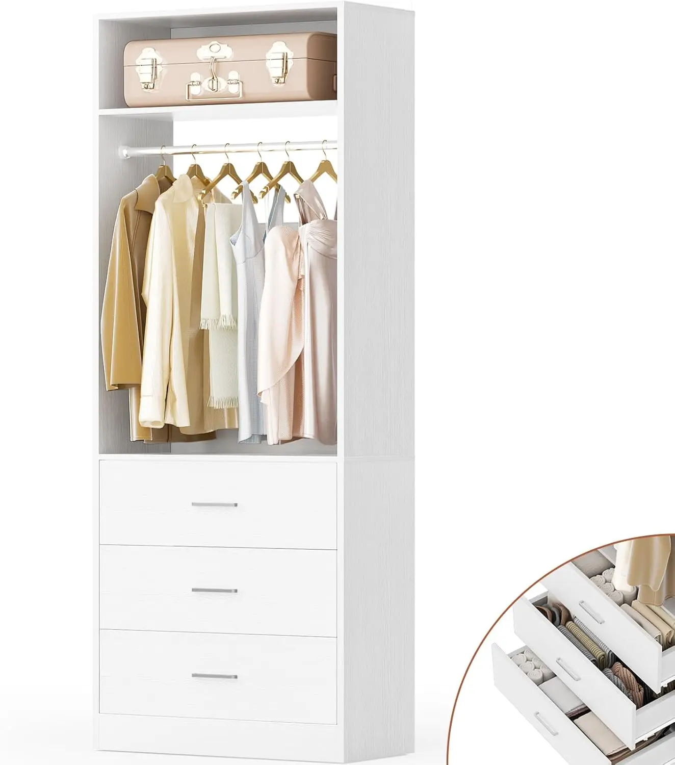 Freestanding 2FT Closet System with 3 Wood Drawers, 24" Closet Organizer System with Hanging Rod & Shelves,