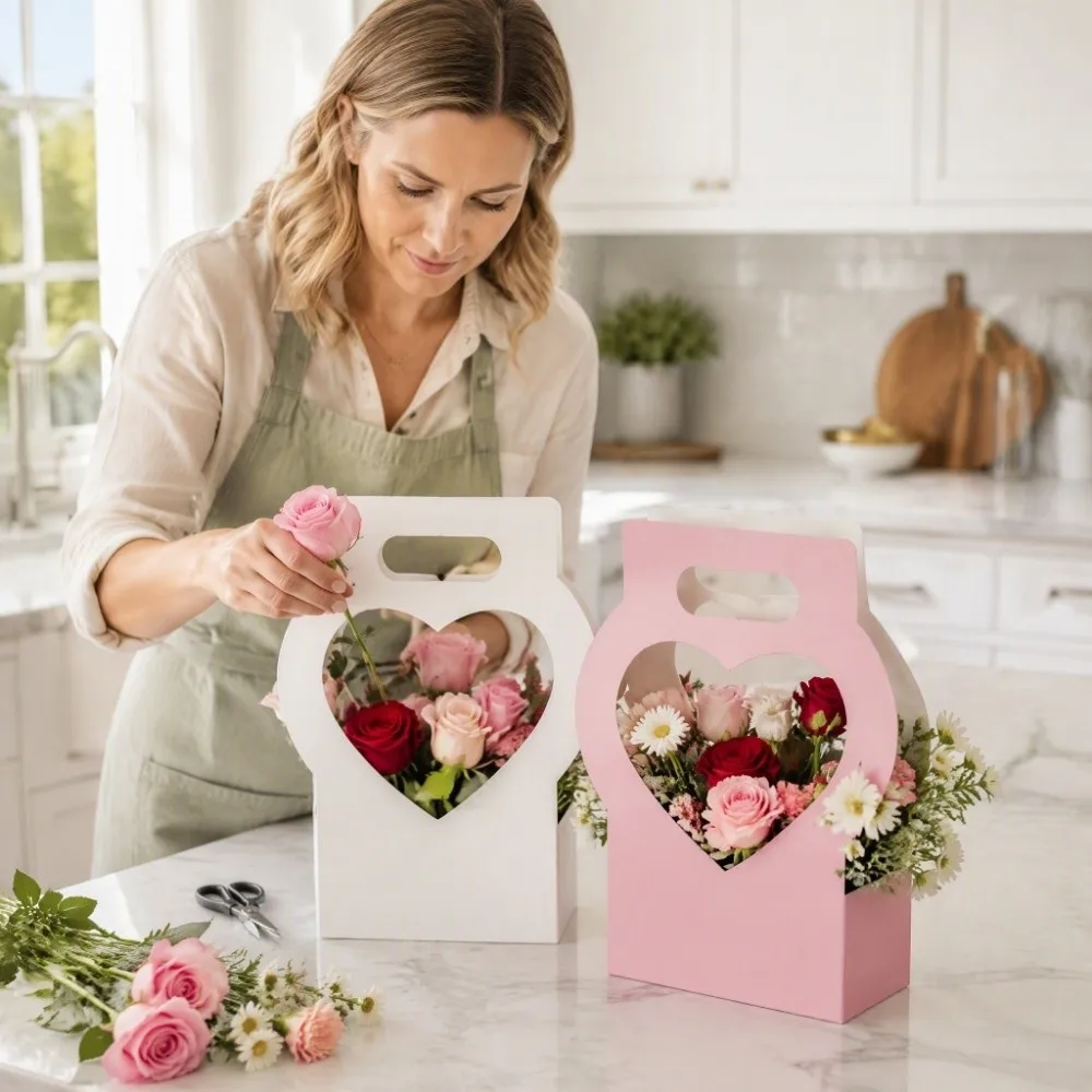 3PCS Heart-Cutout Flower Gift Box Romantic Portable Paper Flower Box With Handle Foldable Floral Wrap Box Floral Arrangements view 4