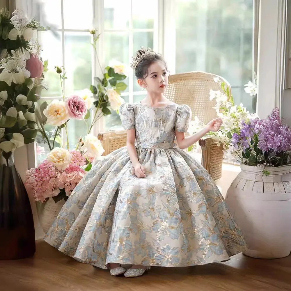 

Flower Girl Wedding Party Dress Blue New Style Girls Princess Gown Round Neck Long Satin Dress Long Prom Dresses Customized